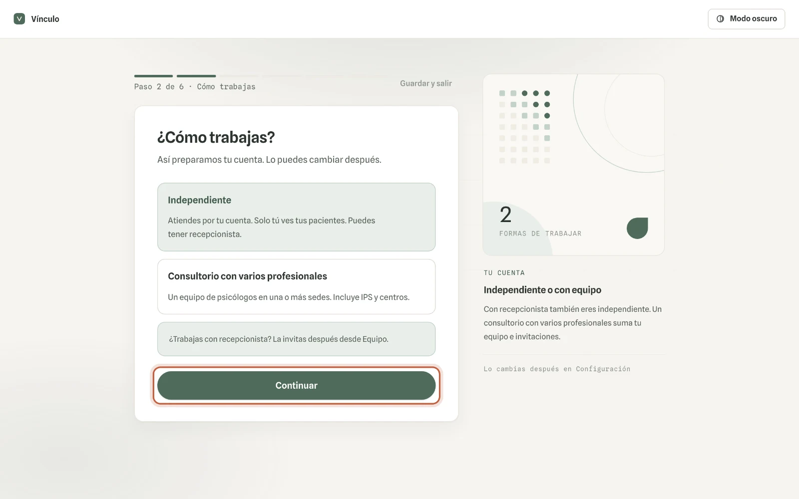 Captura en computador del paso 1: Elige «Independiente» si trabajas por tu cuenta, o «Consultorio con varios profesionales» si son varios. Haz clic en «Continuar».