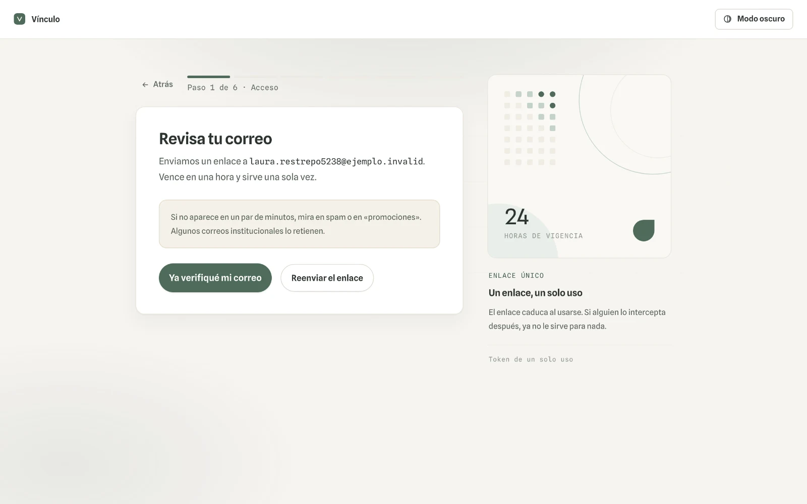 Captura en computador del paso 2: Vínculo te envía un enlace a ese correo. Vence en una hora y sirve una sola vez. Si no llega, revisa el correo no deseado o usa «Reenviar el enlace».