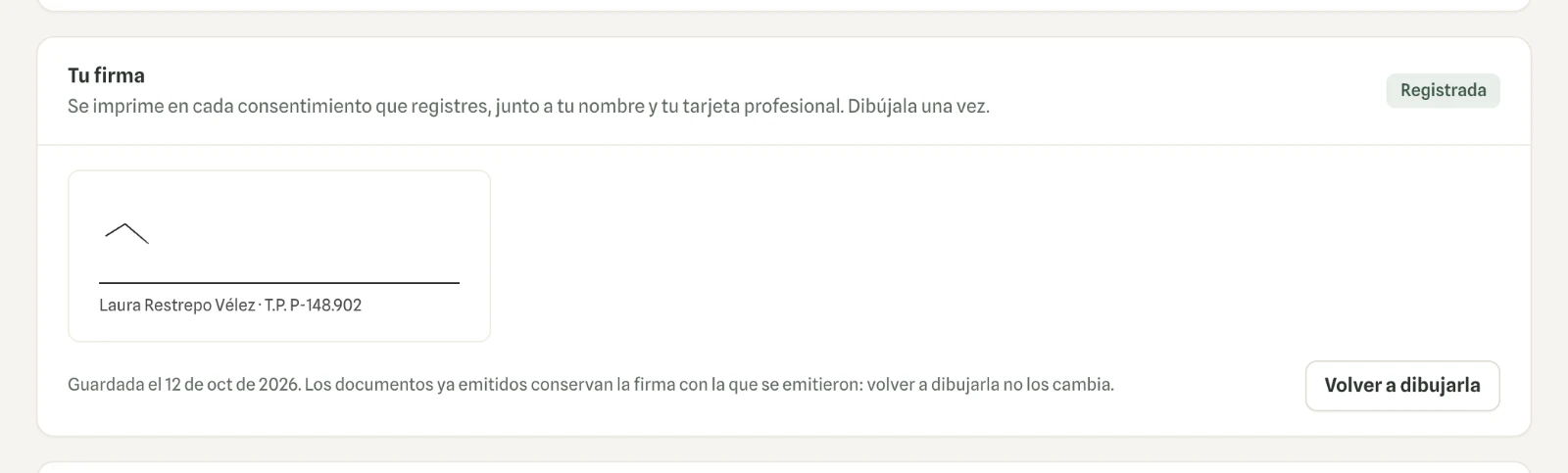 Captura en computador del paso 2: Queda guardada con su fecha. «Volver a dibujarla» la reemplaza de ahí en adelante.