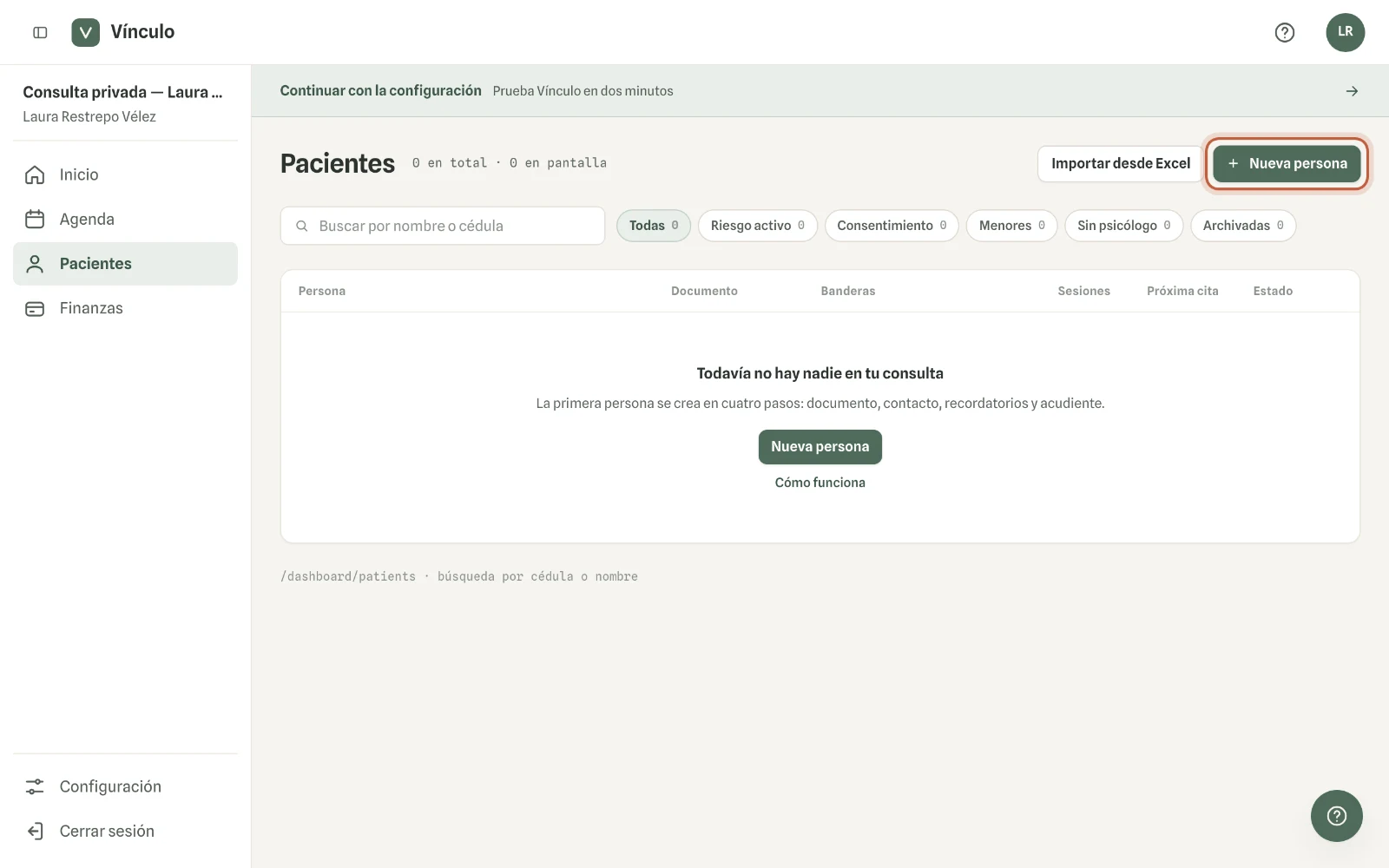 Captura en computador del paso 1: Entra a Pacientes y haz clic en «Nueva persona».