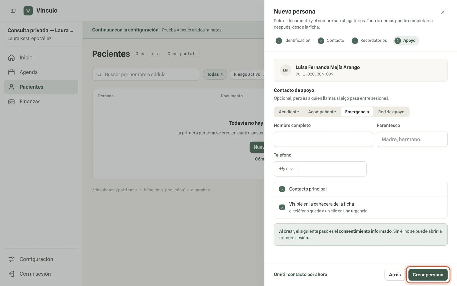 Captura en computador del paso 3: Avanza con «Siguiente» por Contacto, Recordatorios y Apoyo. Todo eso es opcional. En el último paso haz clic en «Crear persona».