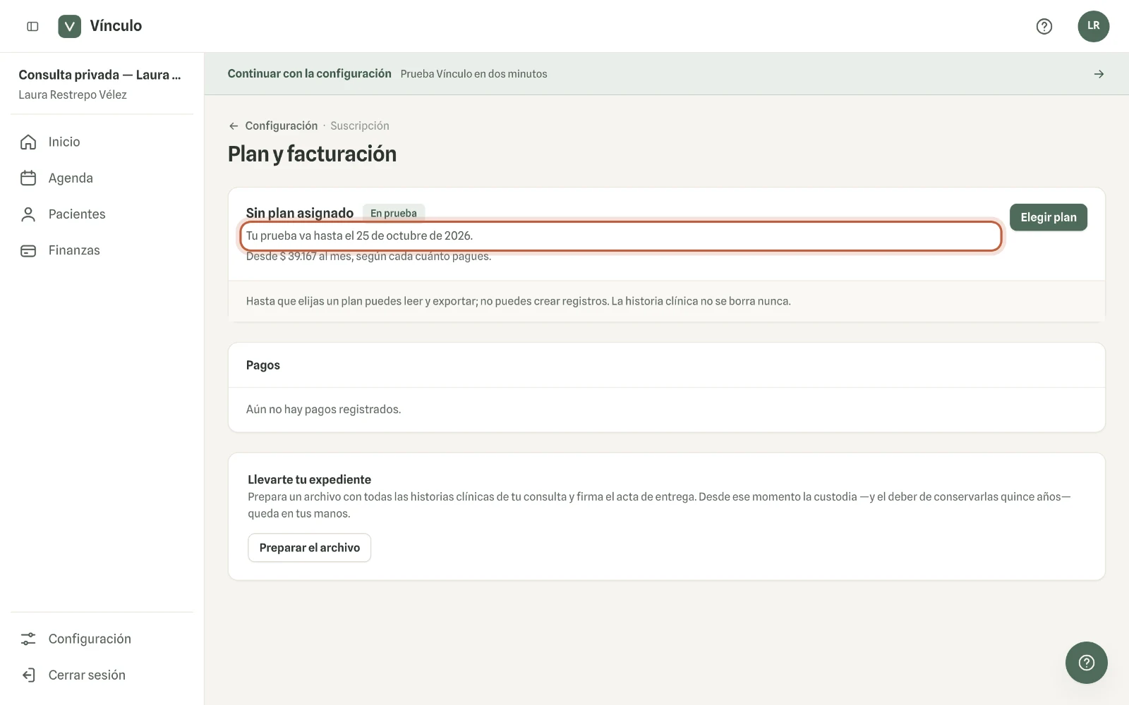 Captura en computador del paso 1: Entra a Configuración → Plan y facturación. Ahí dice hasta qué día va tu prueba.
