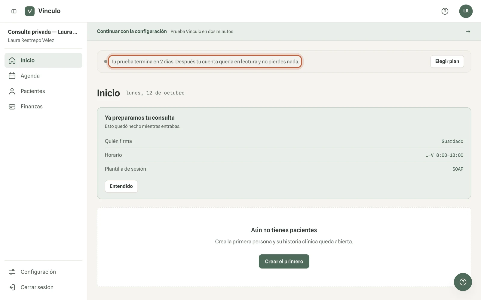 Captura en computador del paso 2: En los últimos tres días aparece un aviso arriba de tu panel con los días que quedan y el botón «Elegir plan».