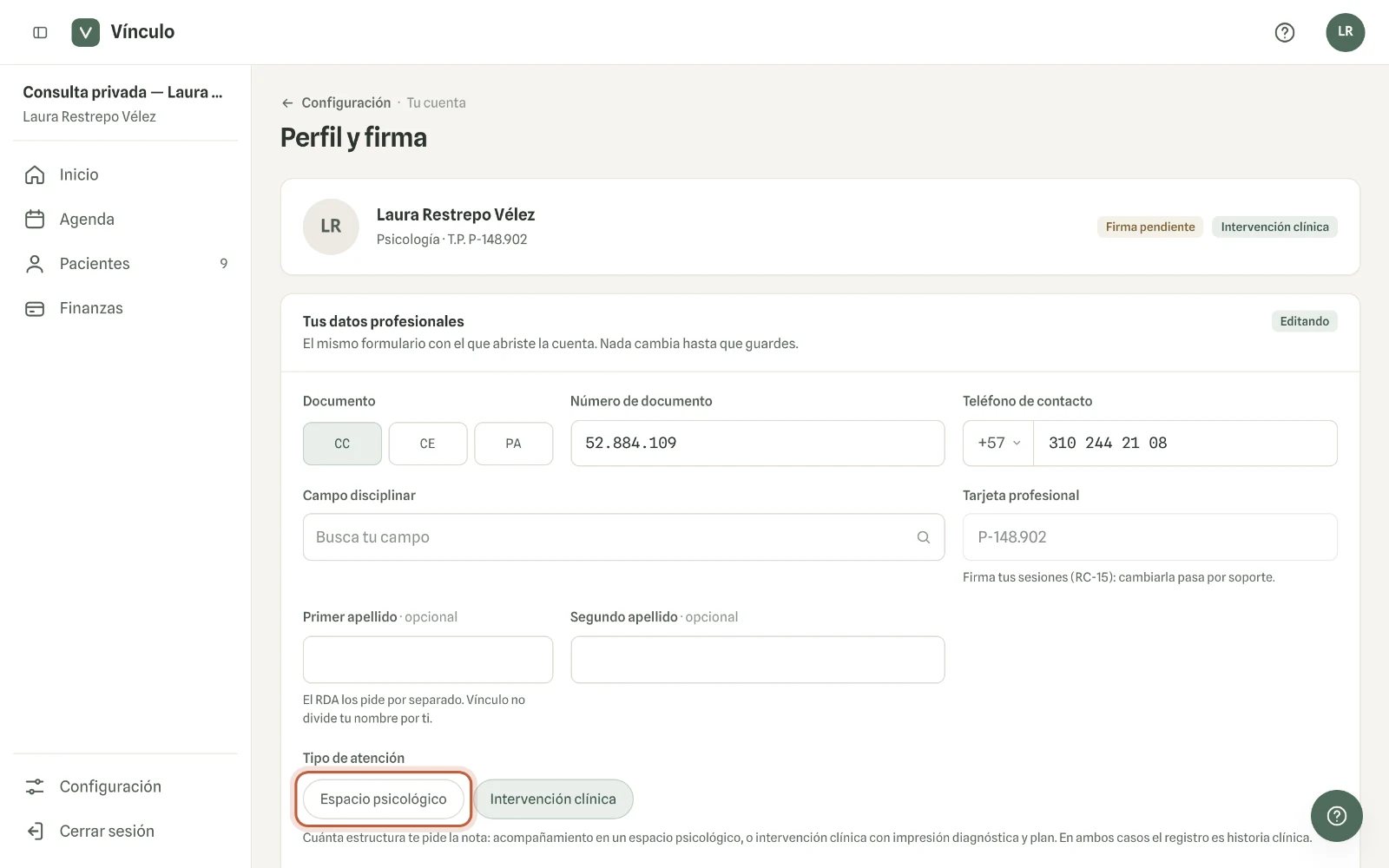 Captura en computador del paso 2: En «Tipo de atención» elige «Espacio psicológico» o «Intervención clínica» y haz clic en «Guardar».