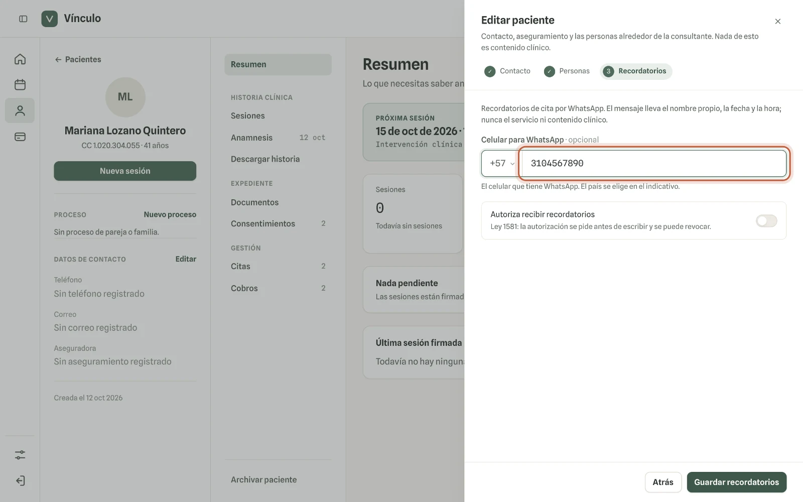 Captura en computador del paso 1: Abre la ficha de la persona y haz clic en «Editar». Avanza con «Guardar y seguir» hasta el paso «Recordatorios» y escribe su celular para WhatsApp.