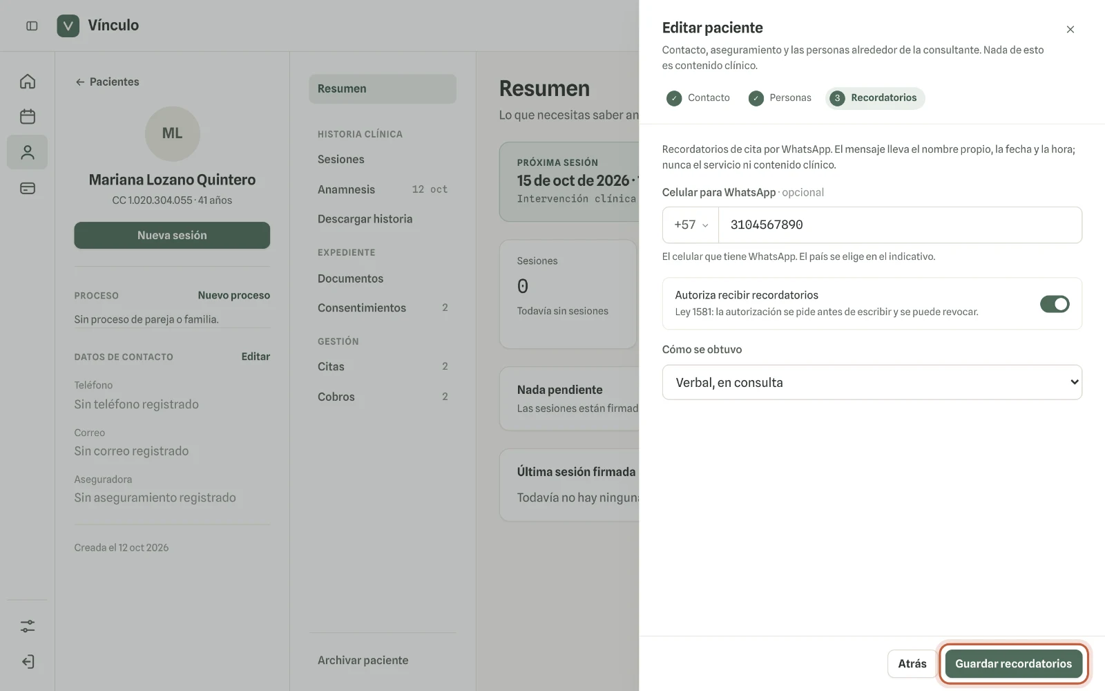 Captura en computador del paso 2: Enciende «Autoriza recibir recordatorios», elige cómo se obtuvo la autorización y haz clic en «Guardar recordatorios».