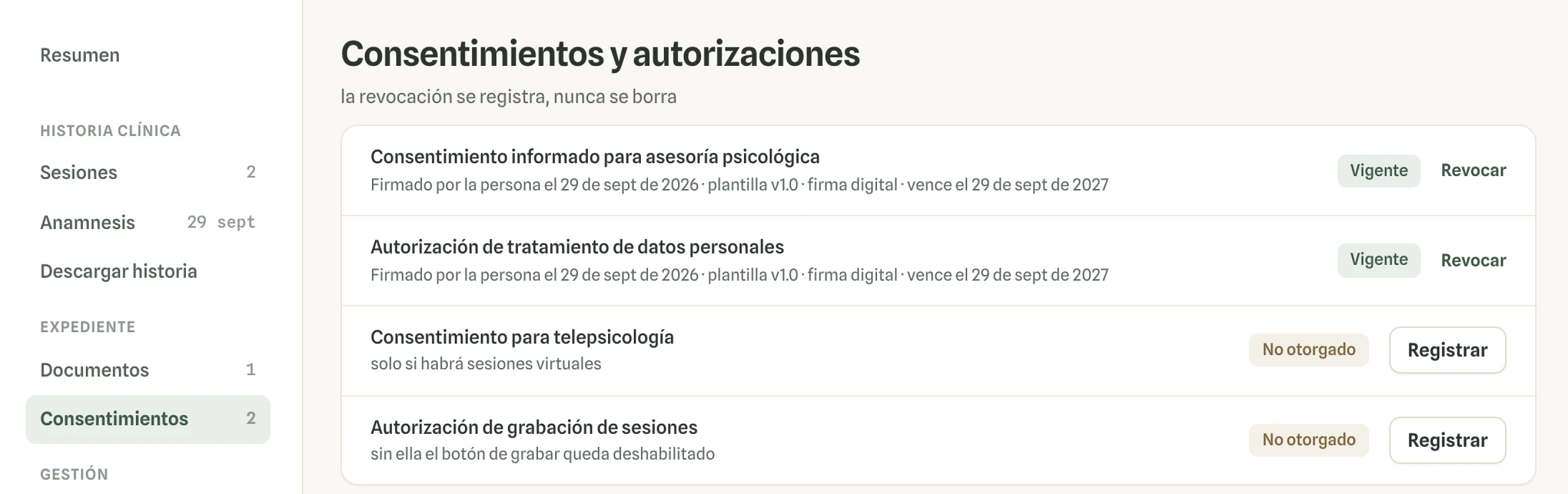 Consentimientos y autorizaciones de una paciente en Vínculo