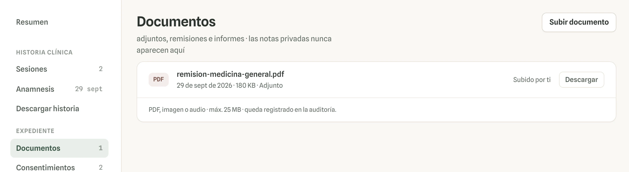 Documentos del proceso en la ficha de una paciente en Vínculo