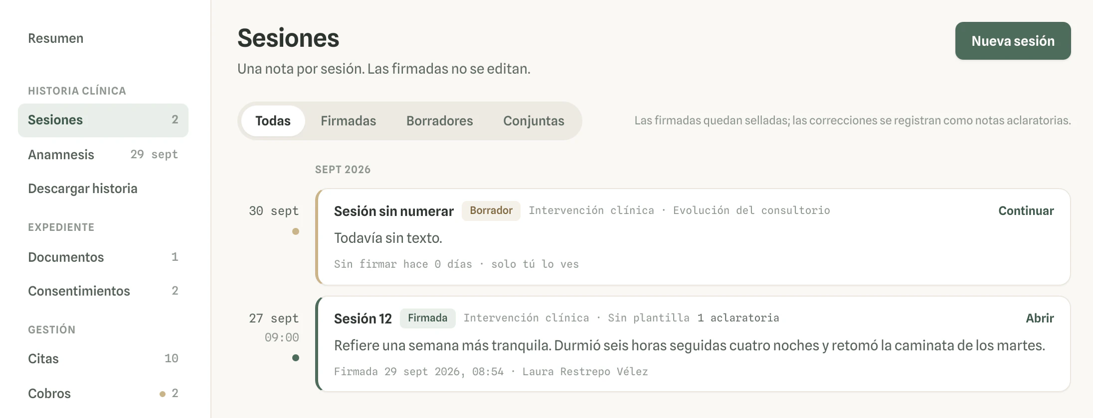 Sesiones de una paciente en Vínculo: una firmada con su nota aclaratoria y un borrador