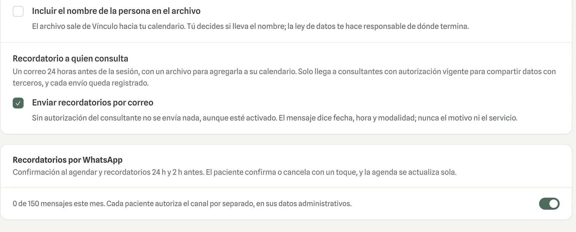 Configuración de los recordatorios por WhatsApp y por correo en Vínculo