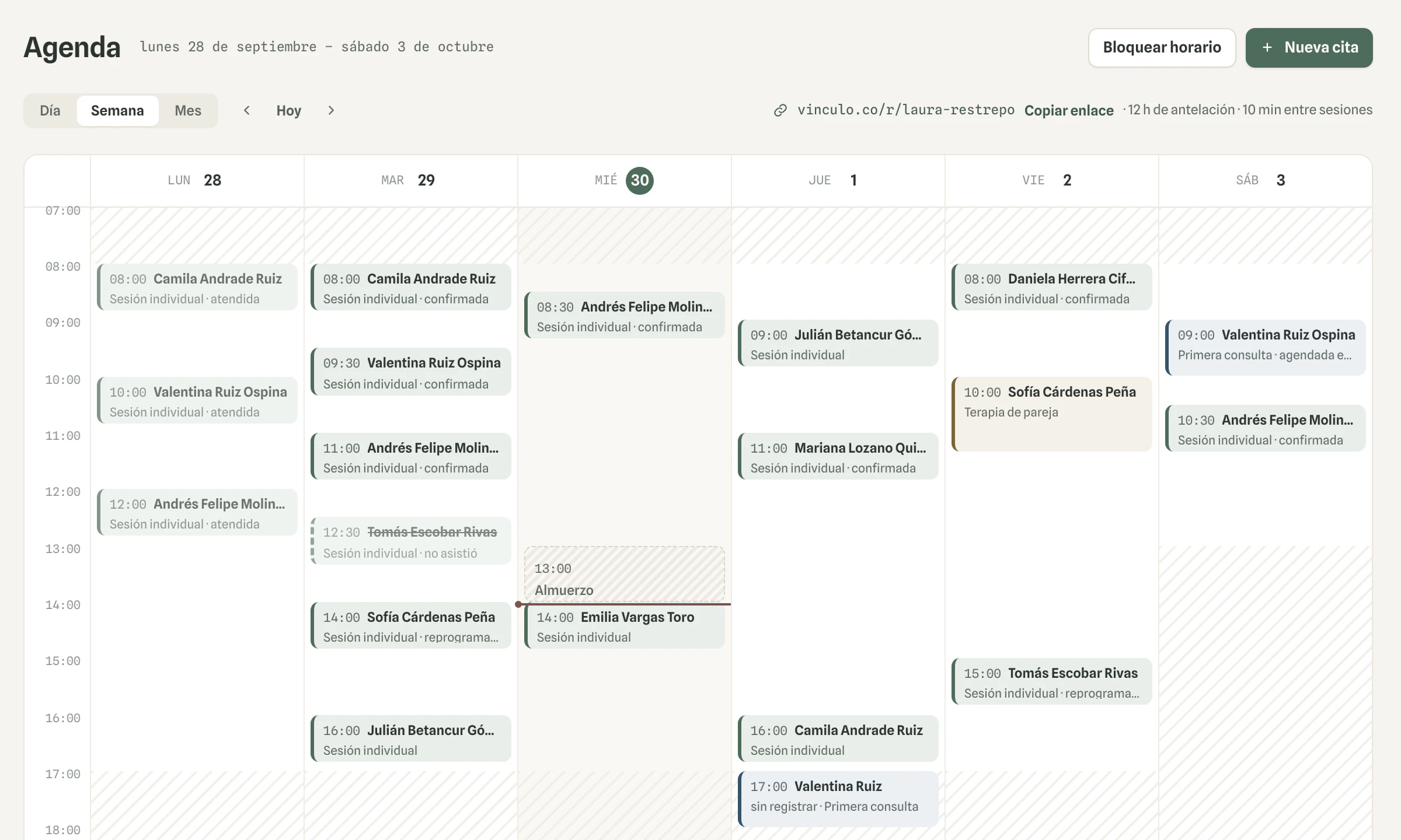 Agenda semanal de Vínculo con sesiones confirmadas, atendidas y reprogramadas